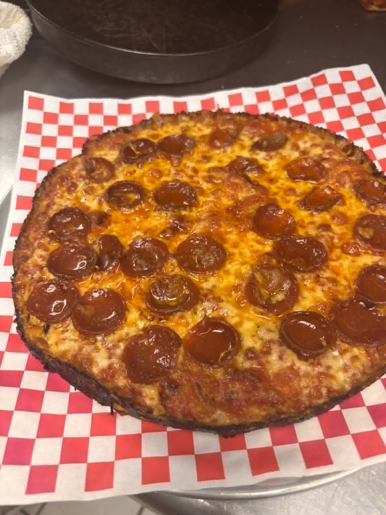 Crispy bar-style pepperoni pizza with perfectly caramelized cheese